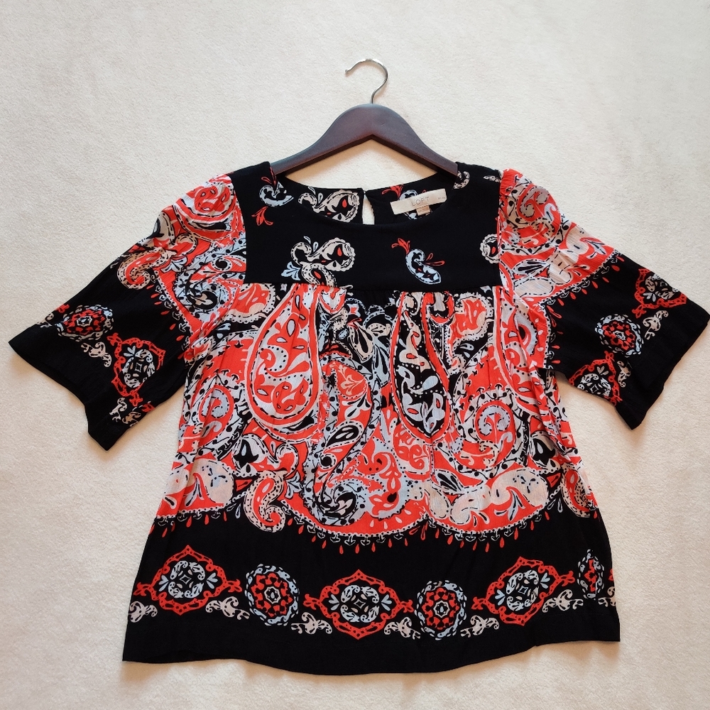Ann Taylor Red/Black/White Paisley Print Tunic Top ~ Sz. XSP
